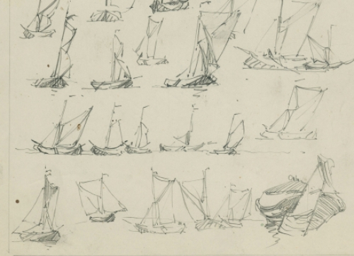 Rodolphe Schönberg met schetsblad met kleine bootjes