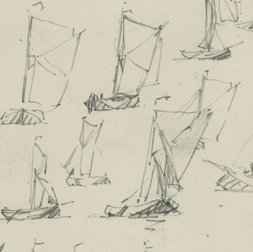 Tekening, schetsblad met bootjes