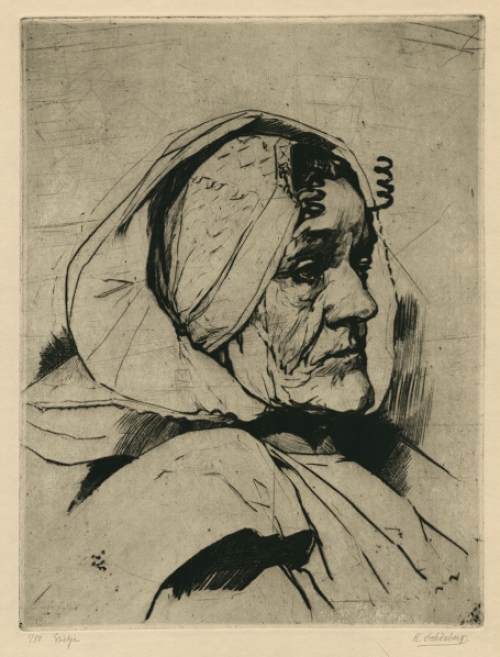 Belgische kunstenaar R. Schönberg met een grote ets van Grietje