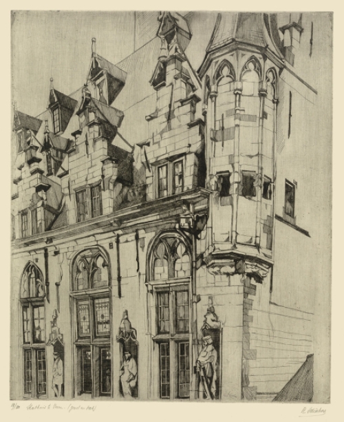 Belgische kunstenaar R. Schönberg met een grote ets