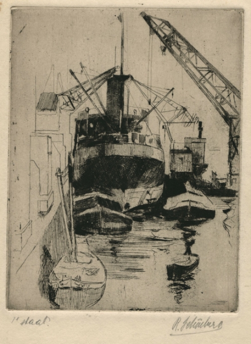 Belgische kunstenaar R. Schönberg met een ets eerste staat