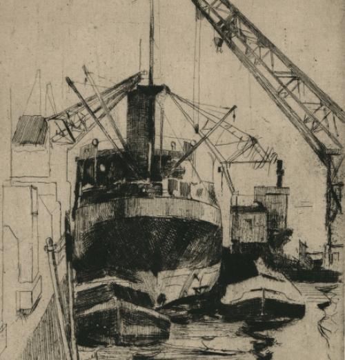 Rodolphe Schönberg met een ets, Lloydkade Rotterdam