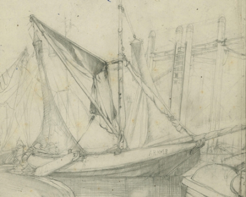 Belgische kunstenaar R. Schönberg met een potloodtekening