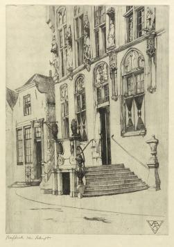 Belgische kunstenaar R. Schönberg met een ets van Veere