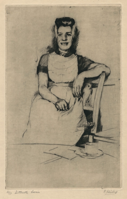 Belgische kunstenaar R. Schönberg met een grote ets