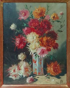 Olieverfschilderij met bloemen in een vaas van Joseph Klaas