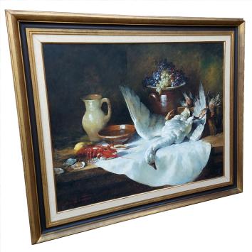 Stilleven, Jachttafereel met kreeft, witte zwaan, oesters en patrijs