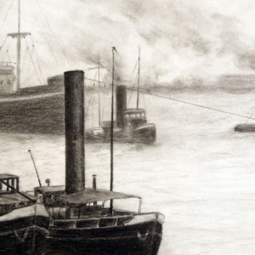 De Deurnese kunstenaar Emile Geudens met sleepboten op de Schelde