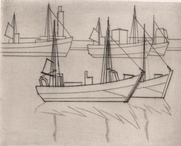 De Belgische etser Léon Smets met een kunstwerkje op papier