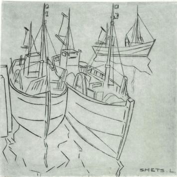 De Belgische etser Léon Smets met een grafisch kunstwerkje