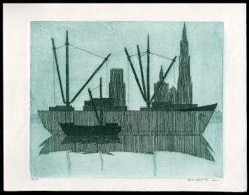 Schepen in Antwerpen geëtst door Mechelse kunstenaar Léon Smets