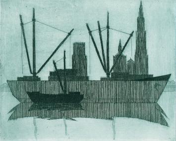 De Belgische etser Léon Smets met een grafisch kunstwerkje