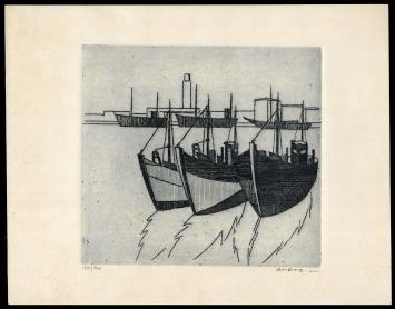 Vissersboten te Oostende van de Mechelse kunstenaar Léon Smets