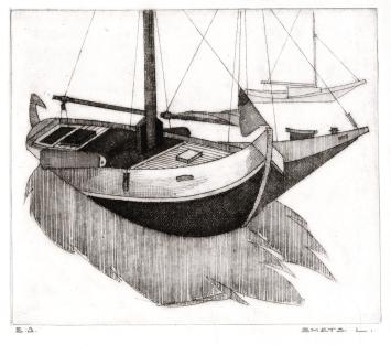 Zicht op een boot in het water, een tjalk