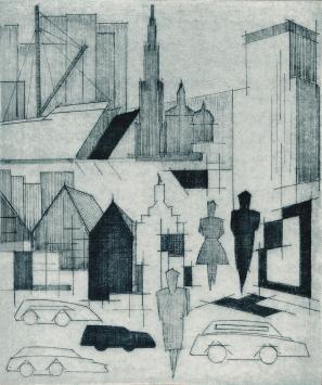 De Belgische etser Léon Smets met een grafisch kunstwerkje