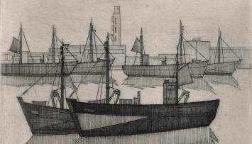 Vissersboten te Oostende, ets van L. Smets