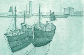 Vissersboten te Oostende, ets van L. Smets