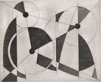 De Belgische etser Léon Smets met een abstract kunstwerkje
