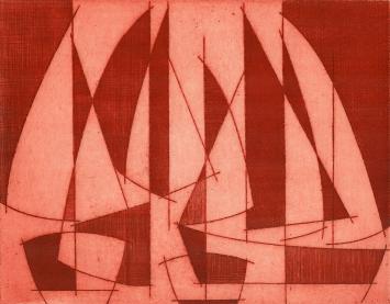 De Belgische etser Léon Smets met een rood kunstwerkje op papier