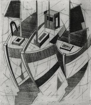 De Belgische graficus Léon Smets met een havenzicht