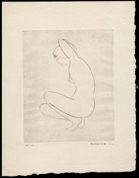 Kunstwerkje op papier, gehurkte naakte vrouw