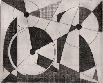 De Belgische etser Léon Smets met een abstract kunstwerkje