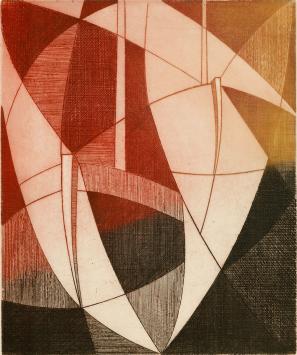 De Belgische etser Léon Smets met een kunstwerkje op papier