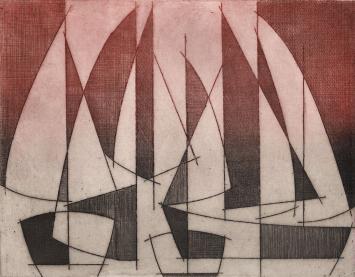 De Belgische etser Léon Smets met een kunstwerkje op papier