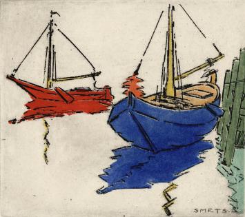 De Belgische etser Léon Smets met een grafisch kunstwerkje