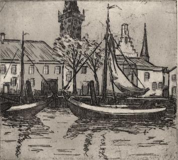 De Belgische etser Léon Smets met een kunstwerkje op papier