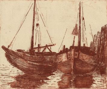 De Belgische graveur Léon Smets met een kunstwerkje op papier