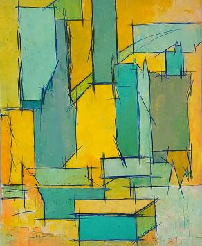 De Belgische schilder Léon Smets met abstract schilderij