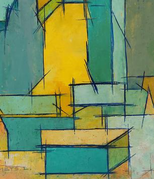 Abstract non figuratief kunstwerk, geel groen en blauw