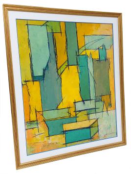 Abstract schilderij, geel-groen-blauwe vlakken