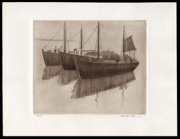 Vissersboten te Oostende, ets, grafisch kunstwerk