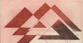 De Belgische etser Léon Smets met een abstract kunstwerkje