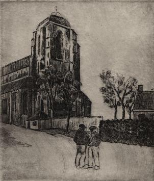 De Belgische etser Léon Smets met een grafisch kunstwerk