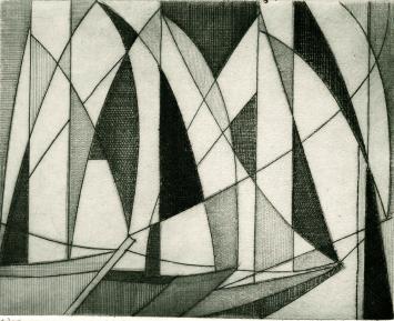 De Belgische graficus Léon Smets met een abstract kunstwerk