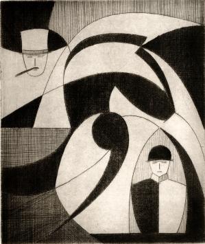 De Belgische etser Léon Smets met een kunstwerkje op papier