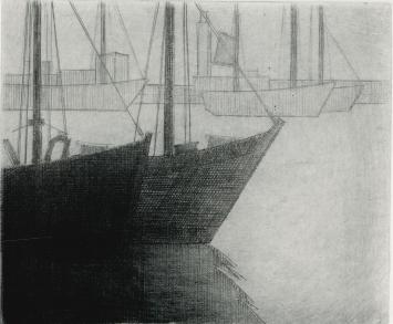 De Belgische etser Léon Smets met een maritieme ets