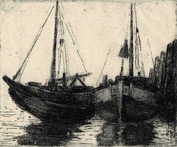 De Belgische graveur Léon Smets met een kunstwerkje op papier
