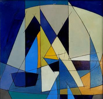 De Belgische schilder Léon Smets met een abstract schilderij