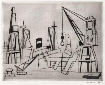 De Belgische etser Léon Smets met een havenzicht