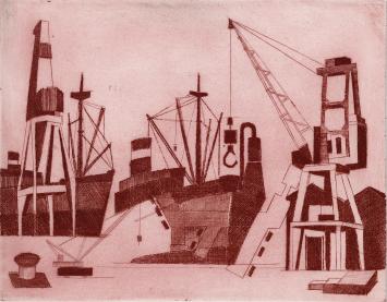 De Belgische etser Léon Smets met een havenzicht