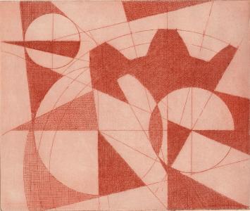 De Belgische etser Léon Smets met een abstract kunstwerkje