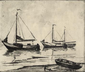 De Belgische etser Léon Smets met een kunstwerkje op papier