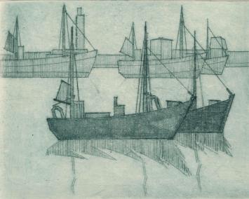 De Belgische etser Léon Smets met een kunstwerkje op papier