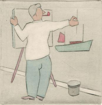 De Belgische etser Léon Smets met een grafisch kunstwerkje