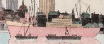 Boten op de Schelde te Antwerpen, ingekleurde ets