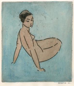 Een kleine ingekleurde gravure  van Léon Smets, naakte vrouw